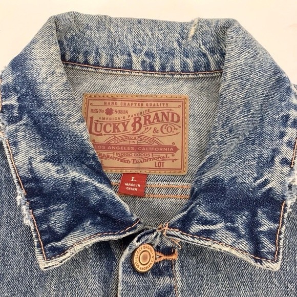 Lucky Brand Distressed Tomboy Trucker Jean Medium Wash Denim Jacket Size Large - Picture 3 of 16